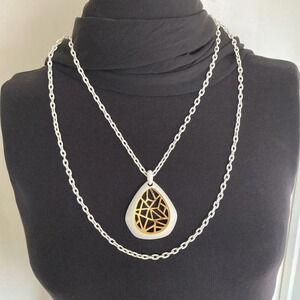 Vintage Crown Trifari Gold White Double Chain Pendant Necklace